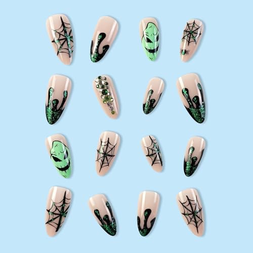 Posyofet Halloween Medium Almond False Nails Green Spider Web Press Ons