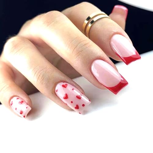Valentine's Day French Tip Press on Nails with Red Heart Glossy Finish