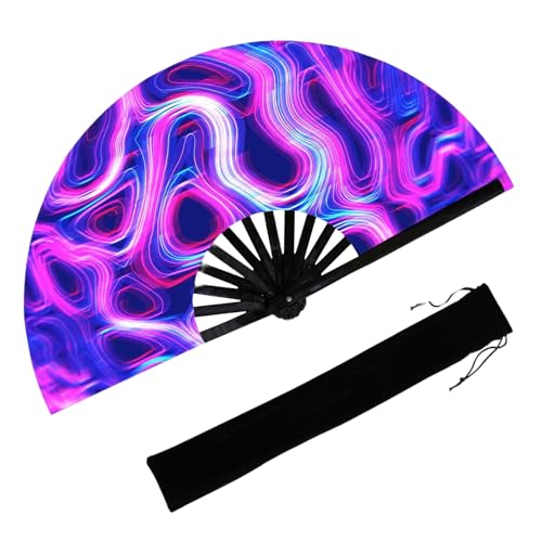 Large 25" UV Glow Rave Folding Hand Fan - Waves2 Design