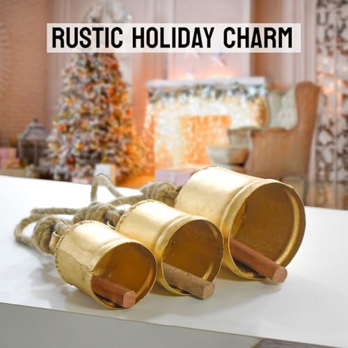 Christmas Hanging Large Cow Bells - Rustic Golden Metal Bells for Farmhouse, Garden & Holiday Décor (Medium 5”4”3” Inch)