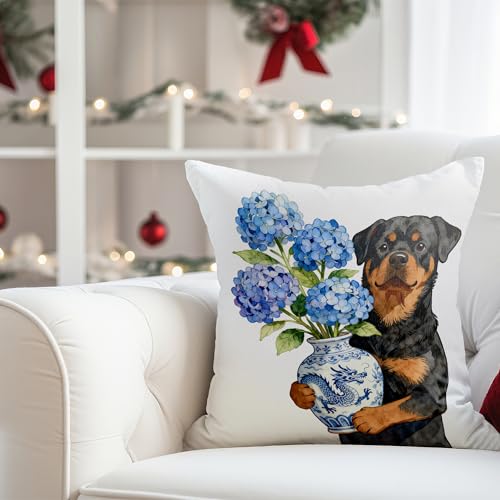 Rottweiler Chinoiserie Hydrangea 18x18 Flannel Throw Pillow Cover (Dog-pillow)
