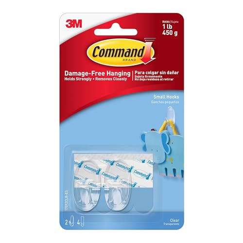 Command Small Clear Adhesive Wall Hooks, Damage-Free Hanging, 2-Pack