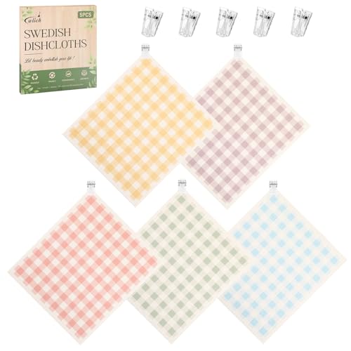 wlich Swedish Dishcloths 5-Pack - Reusable Plant-Based Kitchen Towels with Clips