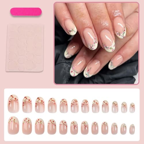 Short Almond French Tip Press on Nails with Pink Floral Design