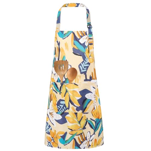 Floral Apron for Women with Pockets - Adjustable Kitchen Chef Apron