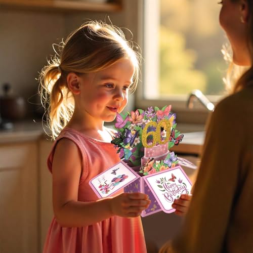 60th Birthday Pop-Up Card with Colorful Butterflies & Flowers