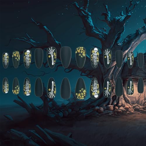 AROVFAM Halloween Press on Nails Medium Almond Skull Fake Nails 24Pcs
