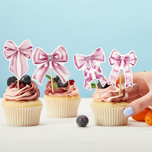 32PCS Pink Bow Cupcake Toppers for Birthday & Baby Showers