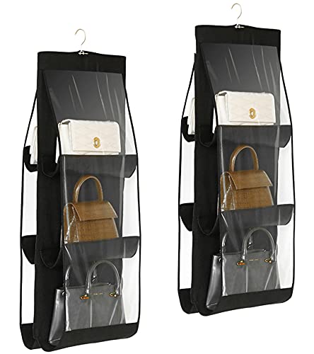 Hanging Handbag Organizer for Closet - 6-Pocket Dust-Proof Holder (Black-2Pack)