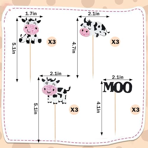12PCS Cute Cow Cupcake Toppers Glitter Farm Animal Cake Decorations