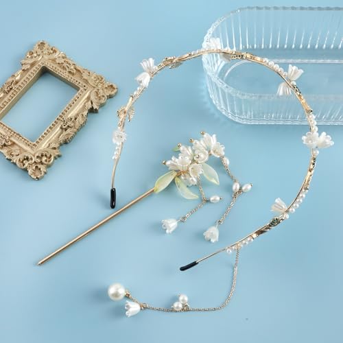 HLTOO Floral Headband and Hair Stick Set - Boho Gold Leaf Bridal Headpiece