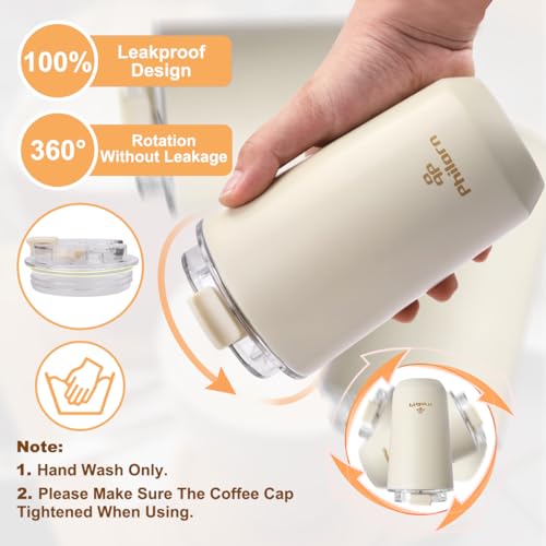 Philorn 12oz White Travel Coffee Mug - Insulated Leakproof Stainless Steel Cup