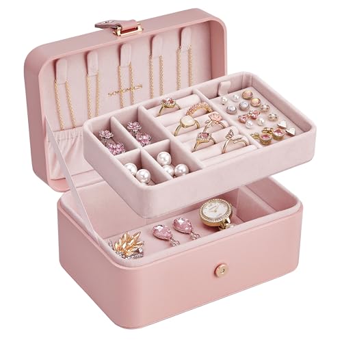 SONGMICS Travel Jewelry Organizer - 2-Layer Portable Jewelry Box in Jelly Pink