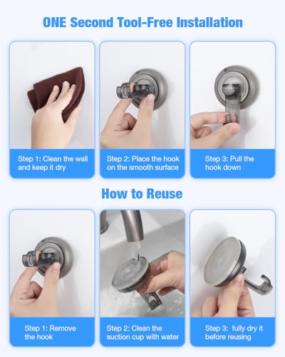 JOTPE Nano Gel Suction Cup Shower Hooks - Heavy Duty Reusable, Clear Gray, 4-Pack