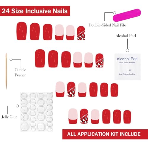 OFDNE Red French Tip Press on Nails with Leopard Print Medium Square