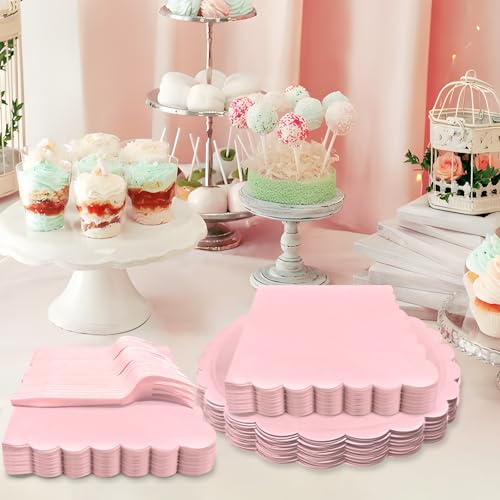 Pink Scalloped Paper Plates & Napkins Set for Parties - 25 Guests