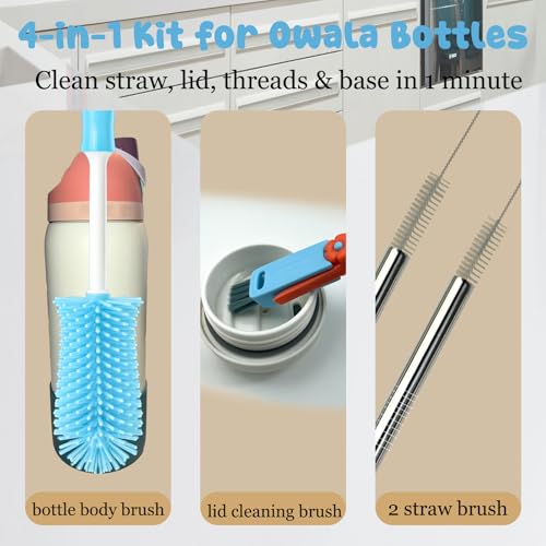4 Pack Water Bottle Cleaning Kit Straw Cleaner Bottle Brush Cleaner for Owala FreeSip 24oz/32oz/40oz, Silicone Long Brush for Owala, Sport Bottles, Water Bottles, Coffee Mugs