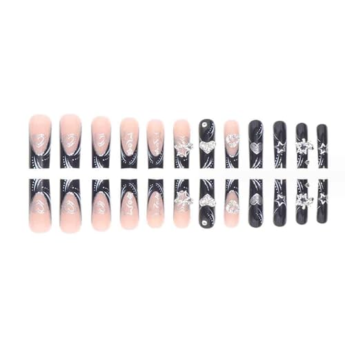 IKISKT Long Square Press on Nails Glossy Black & Pink Rhinestone 3D Fake Nails