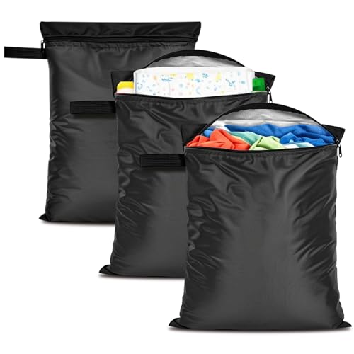 3 Pack Clothes Baby Diaper Wet Dry Bags Waterproof Reusable,12"x16",Durable Polyester Fabric with Waterproof Tape,Swim Wet Swimsuit & Towel Sack for Gym Beach Travel,with Handle and Zipper,Black