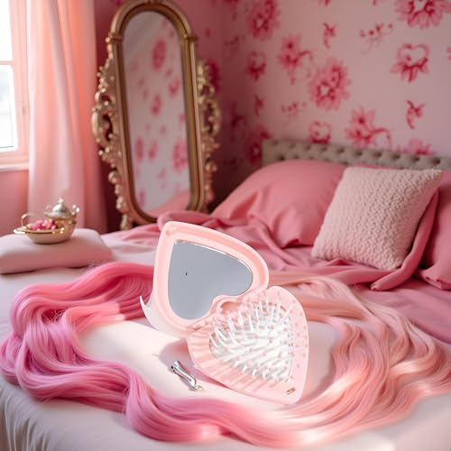 Pink Heart Folding Hair Brush with Mirror and Air Cushion Massage