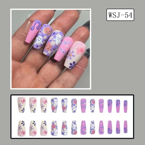 Ghost Press on Nails Long Coffin Glossy Pink Halloween False Nails 24Pcs