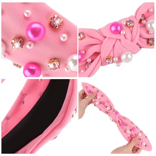 Uintoon Pearl Knotted Headband Rhinestone Pink Hair Band for Women