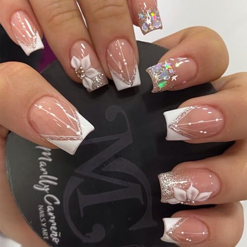 Flower Press On Nails Medium Square White French Tip Fake Nails with 3D Rhinestones
