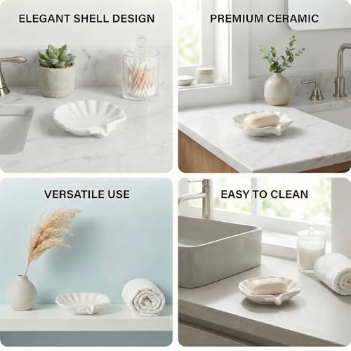 Ceramic Sea-Shell Soap Holder with Self-Draining Design - Elegant and Easy-Clean (White)