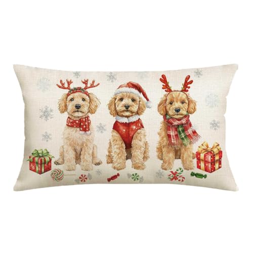 Golden Red Christmas Pillow Cover 12x20 Inch Holiday Dog Decor for Sofa & Couch