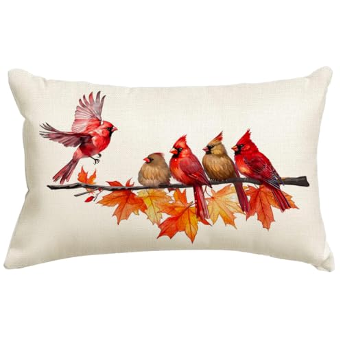 Cardinal Birds Fall Pillow Cover 12x20 Inch - Red, Pack of 1