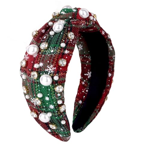 AMCAMI Christmas Green Checkered Pearl Rhinestone Knotted Headband