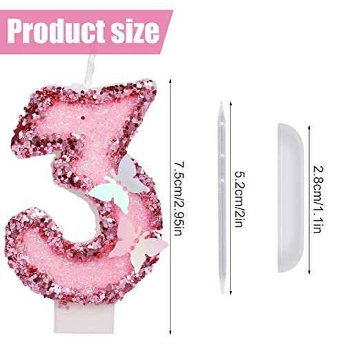Pink Glitter Number 3 Candle - 2.95 Inch Birthday Cake Topper