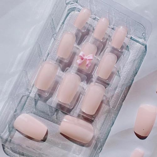 Nude Pink Bow Press on Nails Medium French False Nails 24Pcs