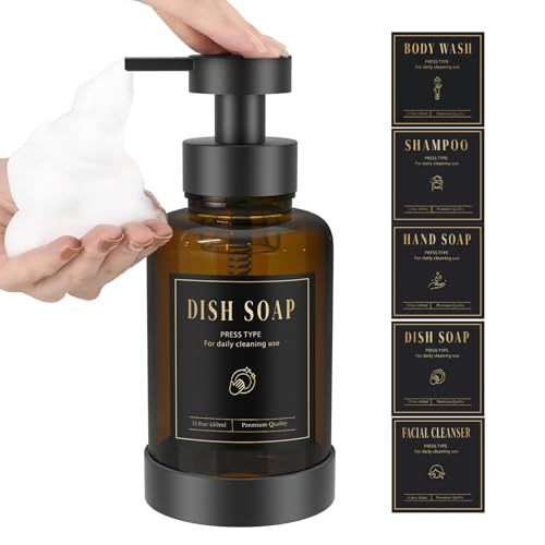 Luxspire Amber Glass Foaming Soap Dispenser 15oz with Upgraded Pump & Labels