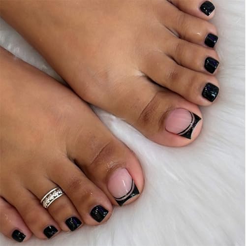 Black French Tip Press on Toenails Short Square False Toe Nails 24Pcs