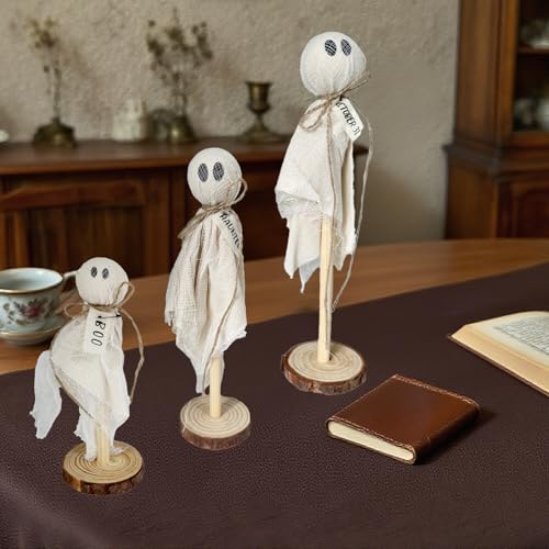 Rustic Wooden Ghost Halloween Decorations 3-Piece Farmhouse Tabletop Sitters
