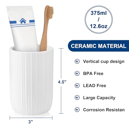 UHEY HOME Ceramic Bathroom Tumbler, 12.6oz Stripe White Toothbrush Holder