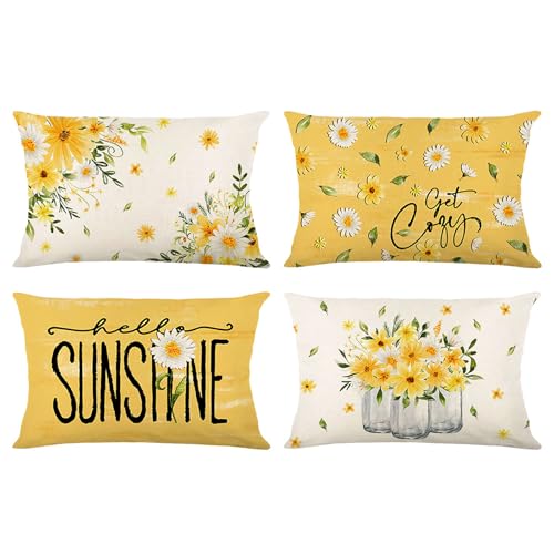 Daisy Flower Throw Pillow Covers Set of 4, 12x20 Inch - Summer Floral Decor