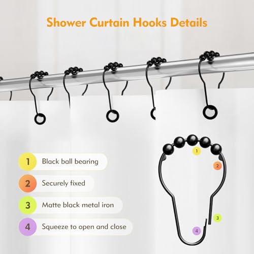 12 Pack Black Shower Curtain Hooks - Rust-Resistant Metal Rings