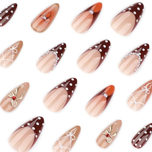 French Tip Press on Nails Medium Almond Brown Fake Nails with 3D Bows