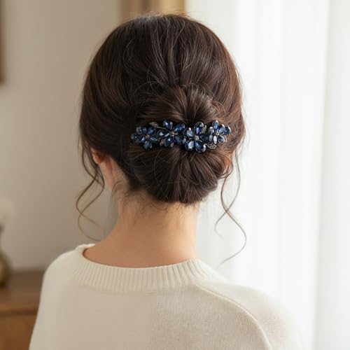 Blue Crystal Flower Hair Barrette Rhinestone Wedding Clip for Women