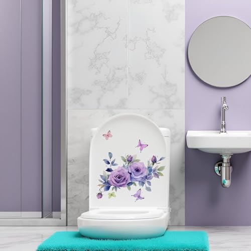 Purple Flowers Butterfly Toilet Seat Stickers - Waterproof & Removable