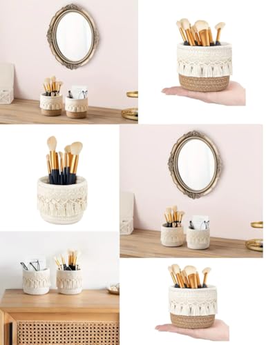 PAVNSO 2-Pack Macrame Makeup Brush Holder - Coffee Woven Cotton Basket
