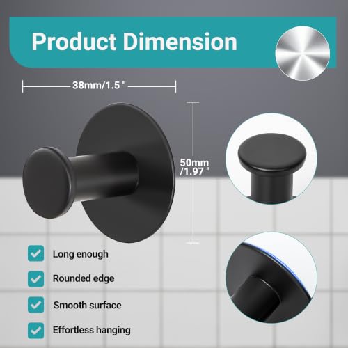 SAYAYO Matte Black Adhesive Wall Hook - Round Heavy Duty Stainless Steel