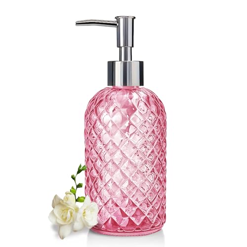 Pink Diamond-Textured Glass Soap Dispenser, 400ml Refillable Lotion Bottle