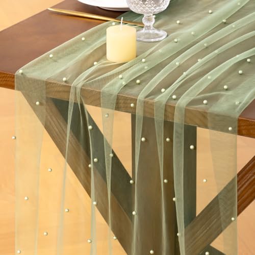 Socomi Pearl Table Runner Sage 10ft Gauze Sheer Wedding Party Home Decor