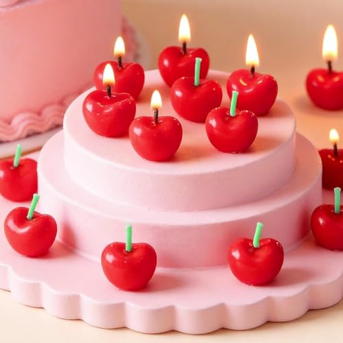 15 Pcs Cherry Birthday Candles - Mini Fruit Shaped Cake Toppers