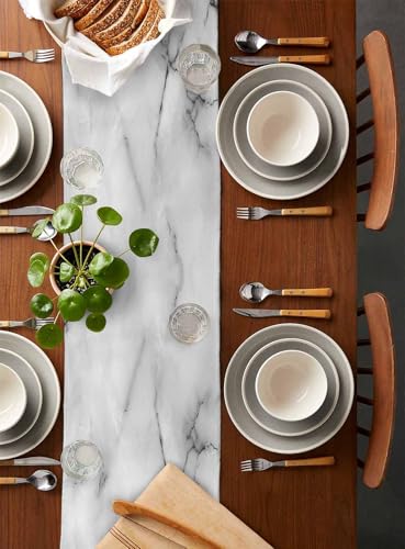 60-Inch Marble Linen Table Runner - Washable Burlap for Dining