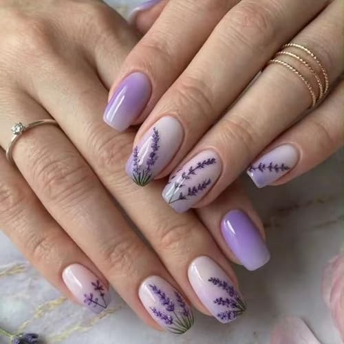 GRITOSE Purple Press on Nails Medium Square Fake Nails with Lavender Gradient