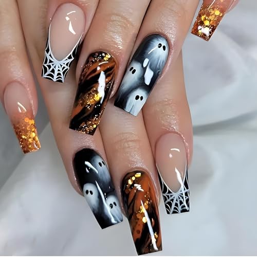 Halloween Long Coffin Press On Nails Spider Web Ghost Design 24 Pcs